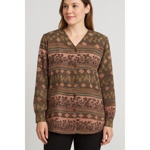 Alia Women's Blouse Size 16 Brown Pink Floral Stripe Button Front Long Sleeve...